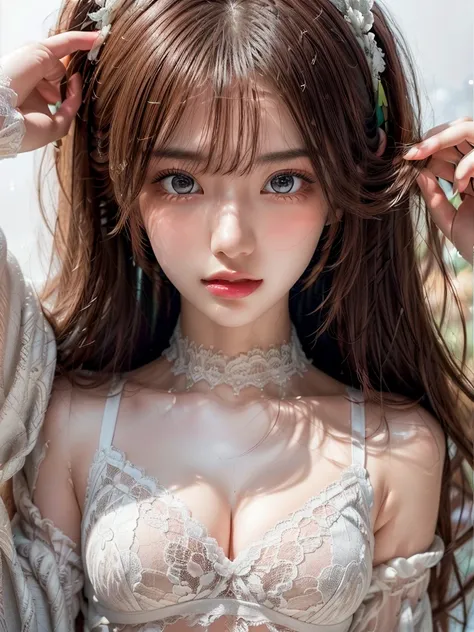 8k,Confused, High resolution, Very detailed, 1 girl, alone, Very beautiful eyes, Ultra-precise depiction, artistic、Very detailed depiction, (Tangled:1.2), , (White high key background:1.5), (((White lace bra 1.5))), 、 、Earrings、Brown Hair, (Glowing Skin), ...