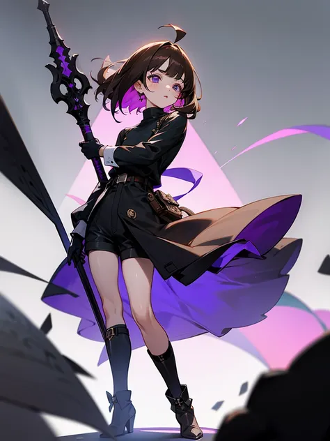 Anime girl, violet eyes, beauty mark under right eye, (short messy brown hair), one-sided fringe, two strands of hair trailing down each cheek framing face, ahoge on top of head. Black long-sleeved turtleneck shirt, black shorts, garter on left thigh, blac...