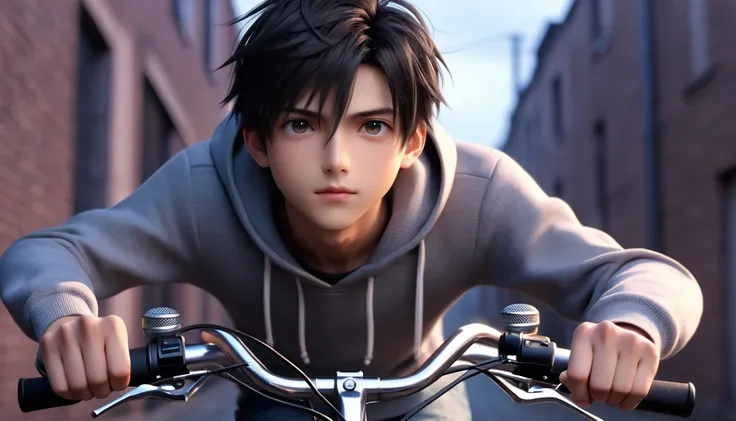 (8k, RAW photos, best quality, masterpiece: 1.4), (((Boy on bike)))，Ultra-high resolution, Extremely detailed, light, Upper body close-up, handsome boy, black eyes, (delicate eyes, Eyes are bright:1.2), Black short hair, Fair skin,dark, Grey sweatshirt, sw...