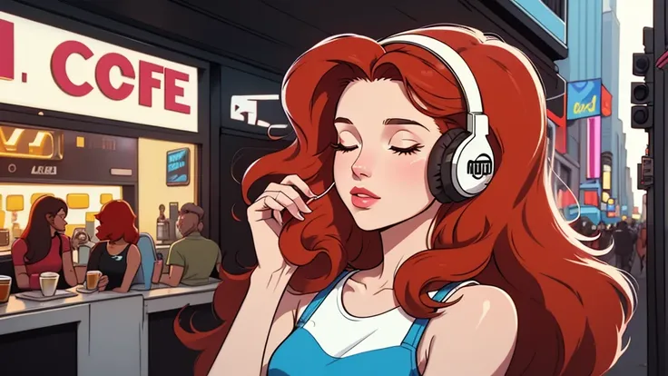 Street fashion girl,  headphones, LOFI Retro, stylish, 1980s, new york city, morning, beautiful red long hair woman in her 20s, close your eyes, white skin, at cafe, upper body, ice coffee