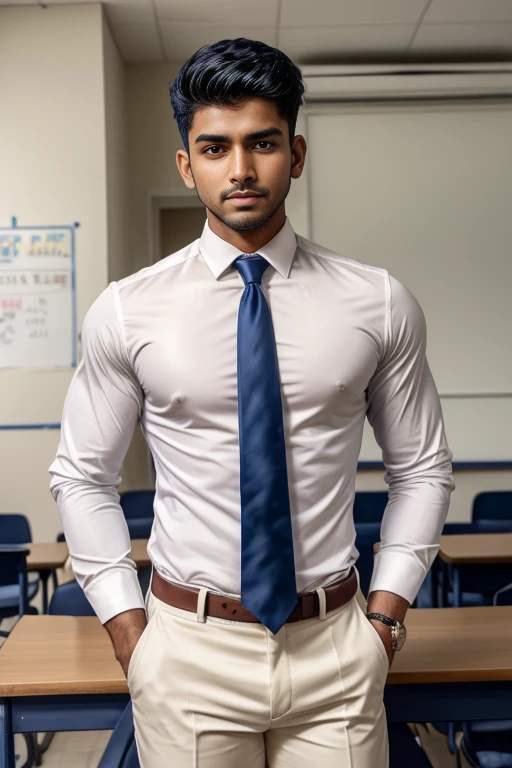 18 years old indian school boy with small beard mascular dark skin jaat with spiky hairstyle in , head to thighs, indian school boy, beautiful eyes, large lips, volumeric light, wearing tight white shirt, navy trouser, navy tie, muscular chest, long legs, ...