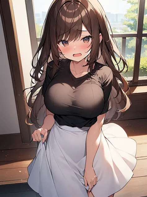 (Masterpiece, Top quality: 1.5), (1 girl, solo :1.2),  (large breasts:1.4), (hold breasts:1.3), (cute design short-sleeved shirt, midi skirt:1.4), standard weight, (brown hair:1.4), (airy hair, wavy hair:1.3), long hair ,asymmetry bangs, swept bangs, 12 ye...