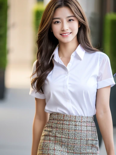 ((Highest quality, 8k, masterpiece: 1.3)), 1 girl, smile, whole body, Slim face, Beautiful woman, ((Extra Long Brown Hair:1.2))、The upper body is a crisp white shirt, The lower half is a red tweed skirt, High heels, Highly detailed face, fine grain, double...