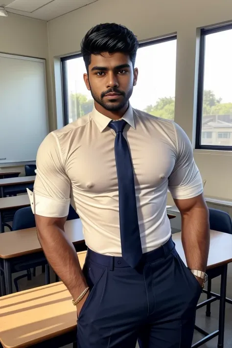 18 years old indian school boy with small beard mascular dark skin jaat with spiky hairstyle in , head to thighs, indian school boy, beautiful eyes, large lips, volumeric light, wearing tight white shirt, navy trouser, navy tie, muscular chest, long legs, ...