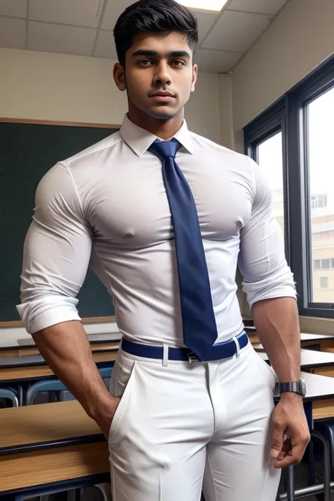 18 years old indian school boy with small beard mascular dark skin jaat with spiky hairstyle in , head to thighs, indian school boy, beautiful eyes, large lips, volumeric light, wearing tight white shirt, navy trouser, navy tie, huge bulge, muscular chest,...