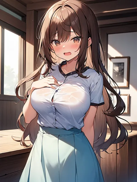 (Masterpiece, Top quality: 1.5), (1 girl, solo :1.2),  (large breasts:1.4), (hold breasts:1.4), (cute design short-sleeved shirt, midi skirt:1.4), standard weight, (brown hair:1.4), (airy hair, wavy hair:1.3), long hair ,asymmetry bangs, swept bangs, 12 ye...