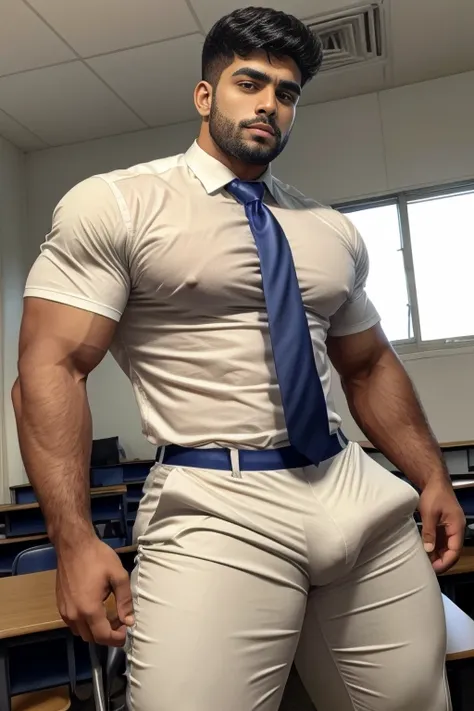 18 years old indian school boy with small beard mascular dark skin jaat with spiky hairstyle in , head to thighs, indian school boy, beautiful eyes, large lips, volumeric light, wearing tight white shirt, navy trouser, navy tie, huge bulge, muscular chest,...