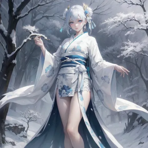  masterpiece, (textured skin), best quality, gorgeous beautiful, (a beautiful girl,yukionna,japanese snow fairy),detailed clothes,large breasts,narrow waist,, (beautiful face), cinematic lighting, (fantasy anime art ),