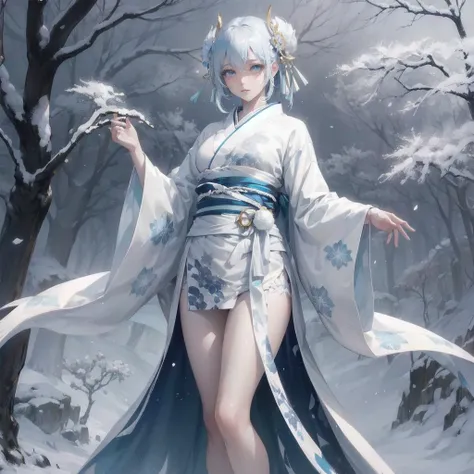  masterpiece, (textured skin), best quality, gorgeous beautiful, (a beautiful girl,yukionna,japanese snow fairy),detailed clothes,large breasts,narrow waist,, (beautiful face), cinematic lighting, (fantasy anime art ),