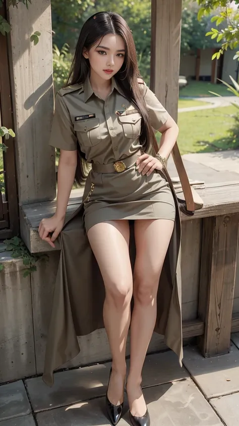 khaki suit, khaki civil servant, thai teacher uniform:1.3, สาวสวยผมlongเป็นพิเศษ, ผมlongสองเมตร, long hair that catches the eye,...