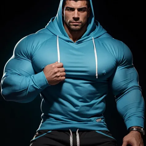 a very handsome man, massively muscular, with massively large muscles, with massively large and muscular body, with massively large and muscular biceps, with massively large and muscular arms, wearing a simple light blue hoodie with long sleeves, in a blac...