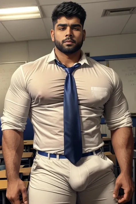 18 years old indian school boy with small beard mascular dark skin jaat with spiky hairstyle in , head to thighs, indian school boy, beautiful eyes, large lips, volumeric light, wearing tight white shirt, navy trouser, navy tie, huge bulge, muscular chest,...