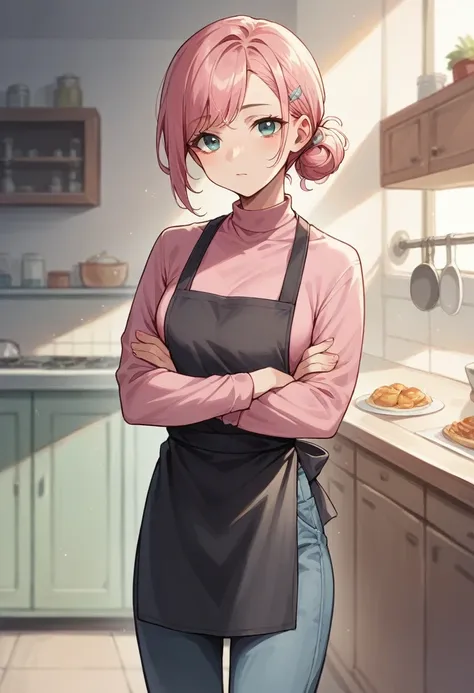 1girl, mari makinami, ((blue half elbow gloves)), (pink shirt), ((long sleeves)), (black apron), (pants), looking at viewer, standing, solo