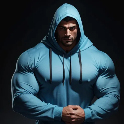 a very handsome man, massively muscular, with massively large muscles, with massively large and muscular body, with massively large and muscular biceps, with massively large and muscular arms, wearing a simple light blue hoodie with long sleeves, in a blac...