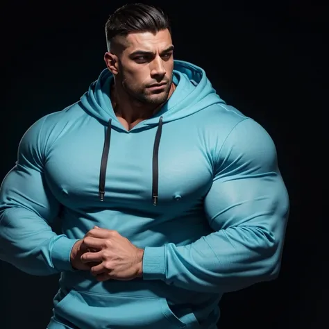 a very handsome man, massively muscular, with massively large muscles, with massively large and muscular body, with massively large and muscular biceps, with massively large and muscular arms, wearing a simple light blue hoodie with long sleeves, in a blac...