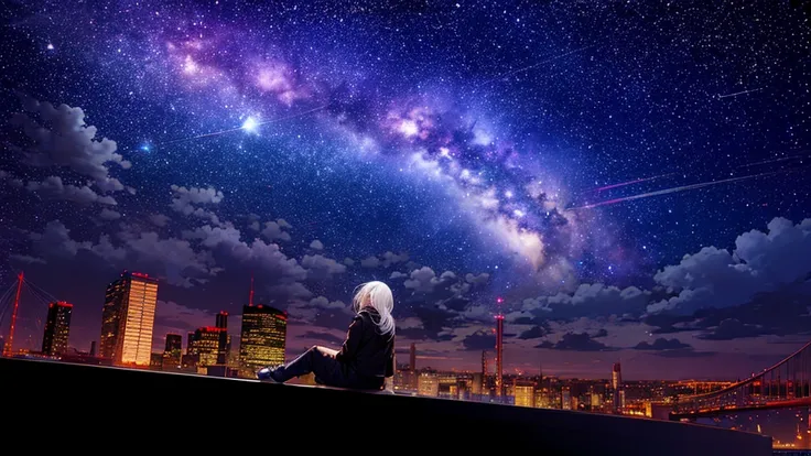 Octane, null, star (null), scenery, starry null, night, One girl, night null, alone, Outdoor, building, cloud, milky way, Sitting, wood, Long Hair, city, silhouette, cityscape