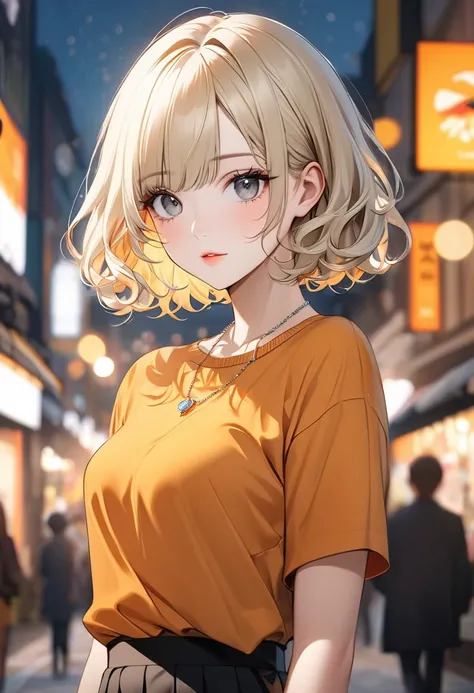 Curly Bob Cut, A platinum-haired woman in an orange collared shirt poses for a photo in the city, 8K Art Germany Bokeh, well-proportioned body, 美しいKorean women, Gorgeous Necklace, 美しい若いKorean women, Soft Portrait Shot 8k, Korean Girls, Double eyelids and n...