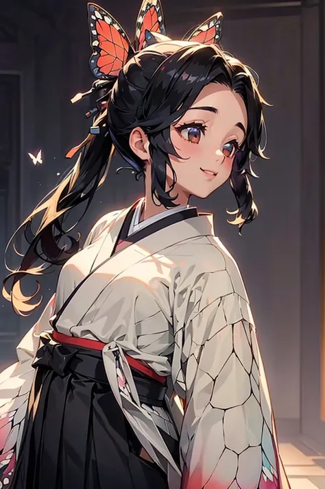 (((beautiful))), (((hakama, kimono))), ((black hair, ponytail, butterfly ribbon)), (((intricate details))), high resolution, ((i...