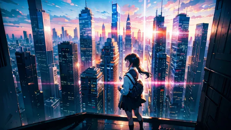 8K, best quality:2, masterpiece, BREAK , official art , BREAK ,back view,a girl, school , (looking up:1.2), BREAK , countless Skyscraper:1.5 , sky , city BREAK Volumetric lighting, Strong light:1.5