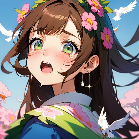 kawaii, anime, Cute, hyper quality, highly detailed, 8k, Clarity, Draw facial expressions in detail, A girl with long dark brown hair and green eyes is crying, pink achillea flower, look up directly above, Inciting point of view, sky is high, daytime, Seve...