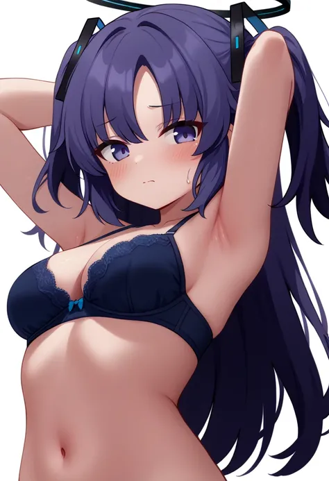 score_9, 1girl, solo, yuuka (blue archive), blue archive, halo, purple eyes, purple hair, long hair, two side up, medium breasts, yuuka-default, cleavage, bare arms, arms up, arms behind head, armpits, blue bra, looking at viewer, upper body, blush, closed...