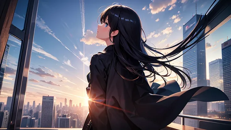 8K, best quality:2, masterpiece, BREAK , official art , BREAK ,back view,a girl , (looking up:1.2), BREAK , countless Skyscraper:1.5 , sky , city BREAK Volumetric lighting, Strong light:1.5