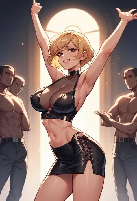 raw, analog style, a sincere, beautiful woman, (smiling), Brown eyes, short blonde hair, wearing a black transparent top, sexy black leather mini skirt, at the disco, standing dancing, surrounded by men, big breasts, Soft lighting, evening, cozy (seductive...