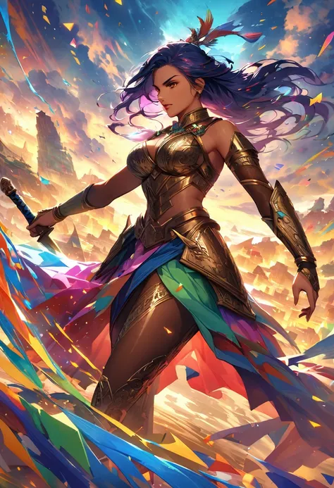 Visualize an intense scene of a battle-hardened warrior in a vivid and abstract landscape. The warrior is a powerful woman of South Asian descent, clad in intricate bronze armor, a finely-crafted sword gripped firmly in her hand. The landscape is a storm o...