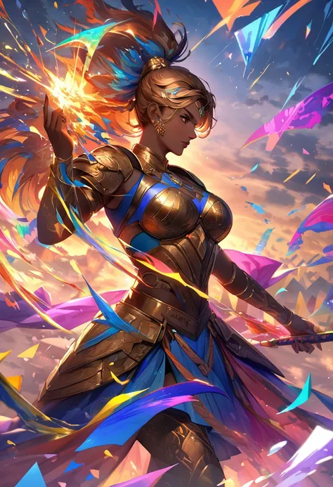 Visualize an intense scene of a battle-hardened warrior in a vivid and abstract landscape. The warrior is a powerful woman of South Asian descent, clad in intricate bronze armor, a finely-crafted sword gripped firmly in her hand. The landscape is a storm o...