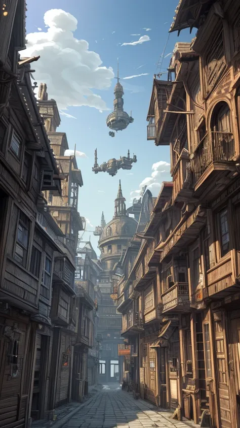 super detail, high details, high quality, 8k, Miyazaki style, a steampunk-style city floating in the sky, clouds and diverse architecture, exuding mystery and technology --v 6