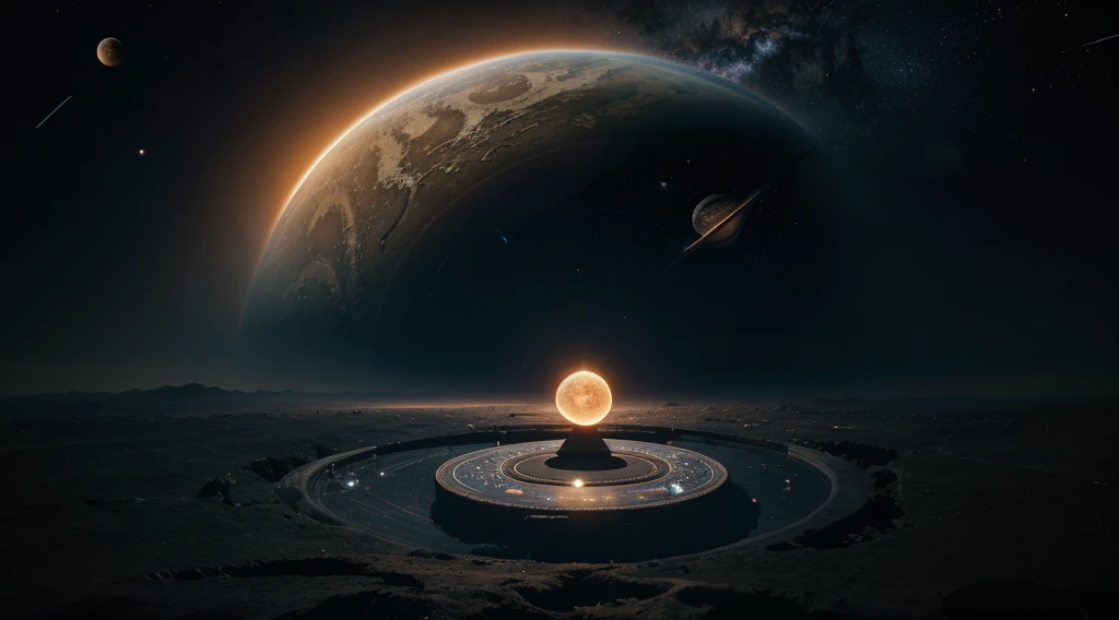 A perfect circle floating in space, half composed of a daytime landscape and the other half of a nighttime landscape. At the center, an ancient scale with planets on each side, symbolizing cosmic balance