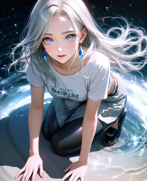 8K,gal，an extremely delicate and beautiful,Beautiful and realistic skin,Shiny jewel-like earrings,Shine like glitter long silver hair,beautiful eyes,full body,スキニージーンズ,Tシャツ,ファッションモデル