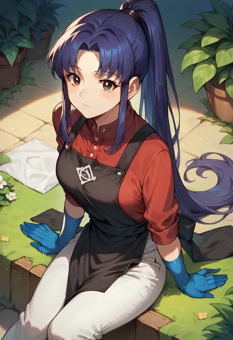 1girl, misato katsuragi, ponytail, ((blue half elbow gloves)), (red shirt), ((long sleeves)), (black apron), (pants), looking at viewer, plants flowers in the ground, digs in the ground, ((in blue half elbow gloves)), solo
