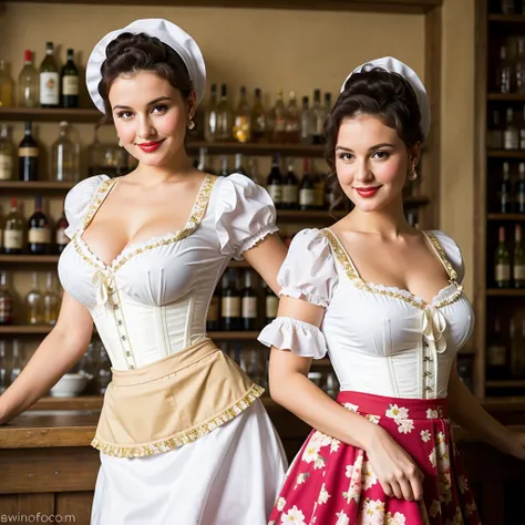 Create a portrait of a Czech bar-waitress with big enough breasts in the pinup style. She has a playful and confident expression, exuding glamour. She is dressed in a traditional white blouse with decolletage and puffed sleeves, a low neckline, and a corse...