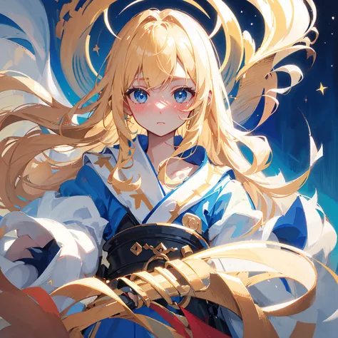 portrait, Even the upper body is visible, ((best quality)), ((masterpiece)), (detailed), 1 woman, blushing, Those blessed with stars, blonde hair, blue eyes, Long Robe