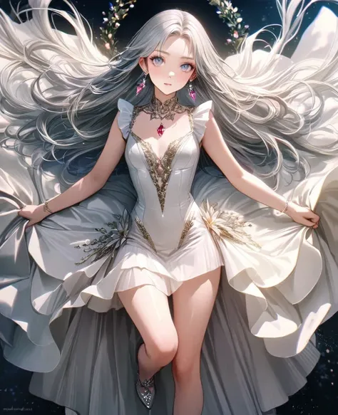 8K,gal，an extremely delicate and beautiful,Beautiful and realistic skin,Shiny jewel-like earrings,Shine like glitter long silver hair,beautiful eyes,full body,タイトワンピース,ファッションモデル