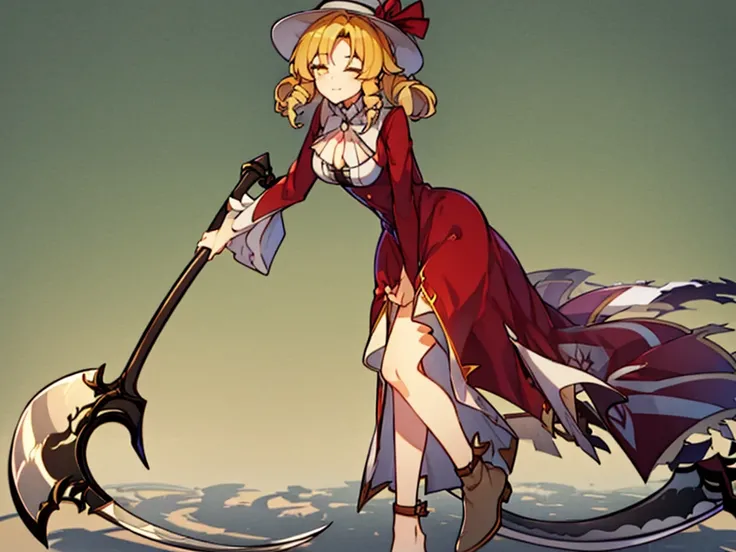 a drawing of an anime character in a red dress and boots with a large scythe, ((high end)), (UHD picture), (best quality,4k,8k,highres,masterpiece:1.2), top-quality(​masterpiece), top-quality, ultra-detailed, highly detailed texture, intricate details, hig...