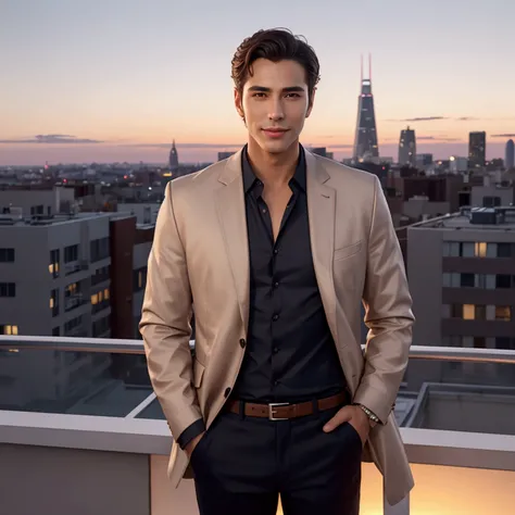 "Create a lifelike portrait of a handsome man with elegant features, standing on a rooftop terrace with a stunning city skyline at sunset. He is wearing a stylish jacket and a casual shirt, with a gentle smile. The background includes twinkling city lights...