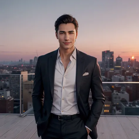 "Create a lifelike portrait of a handsome man with elegant features, standing on a rooftop terrace with a stunning city skyline at sunset. He is wearing a stylish jacket and a casual shirt, with a gentle smile. The background includes twinkling city lights...