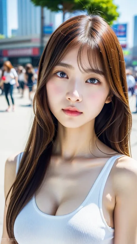 RAW photo, (best quality, 8k, 32k, masterpiece, UHD:1.2), ultra high resolution, (pretty a Korean girl of 13 years old), long shot, beautiful detailed eyes, semi long brown fluffy hair, bangs, (wearing white tank-top), large breasts, cleavage, (crowded cit...