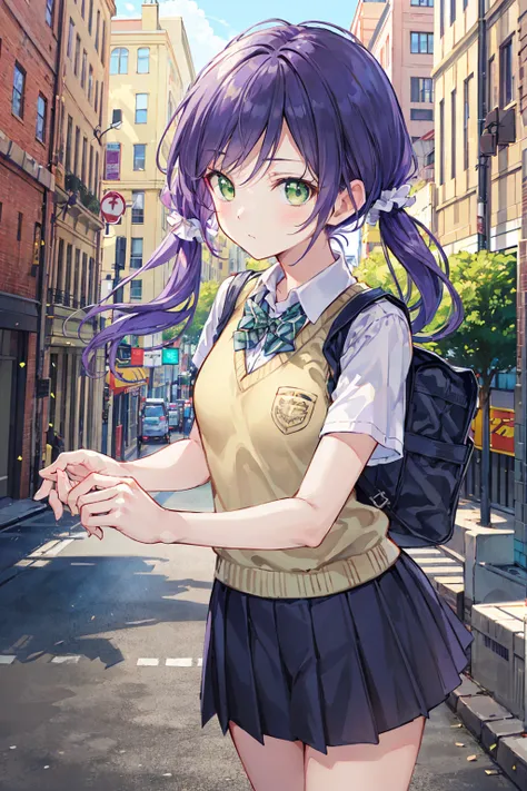 nozomitoujou, Nozomi-san always, (Green Eyes:1.5), Purple Hair, Twin tails, low Twin tails, Scrunchie, Long Hair, 
Destroy , pleated skirt, , Short sleeve, skirt, Summer uniform, Sweater vest, white，Sweater vest,
壊す looking at viewer,
Destroy outdoors, Cit...