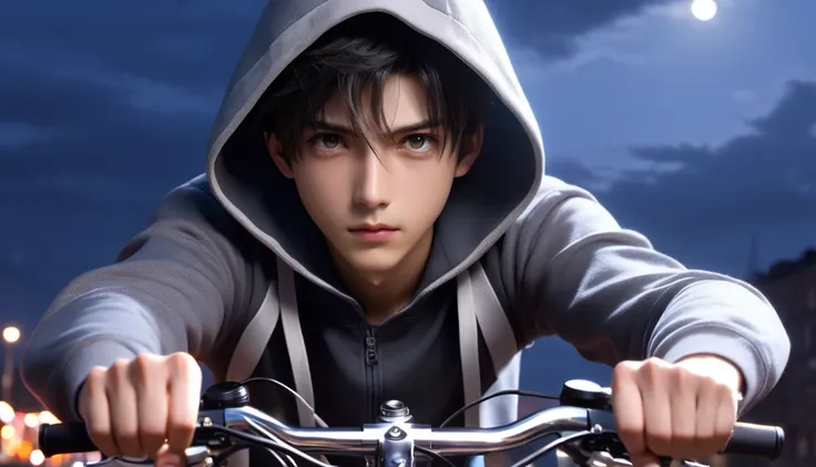 (8k, RAW photos, best quality, masterpiece: 1.4), (((Boy on bike)))，Ultra-high resolution, Extremely detailed, light, Upper body close-up, handsome boy, black eyes, (delicate eyes, Eyes are bright:1.2), Black short hair, Fair skin,dark, Grey sweatshirt, sw...