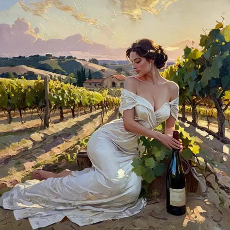 Image of a woman having sex, portrayed in a lush oil painting style with dynamic, rich strokes and a palpable thickness of paint evoking a sense of movement, set against a beautifully rendered vineyard bathed in golden sunlight. The composition merges hist...