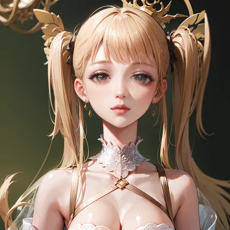 masterpiece, Best Quality, Very delicate and beautiful, Ultra-high resolution, 8k, 3d, Princess like a doll, cute, 
highly detailed dress, Twin tails, blunt bangs, trimmed bangs, Transparent white skin, large, round eyes, Thin lips, round face, Looking at ...