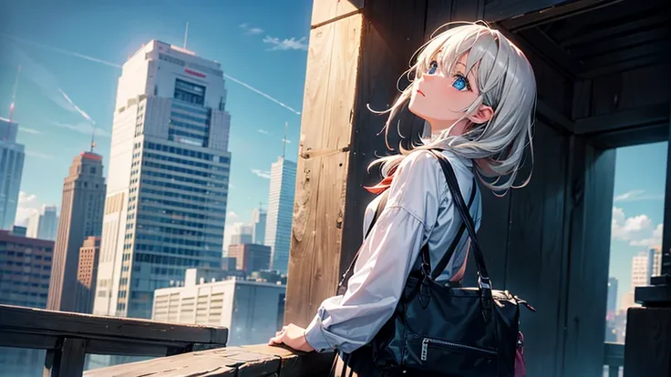 8K, best quality:2, masterpiece, BREAK , official art , BREAK ,back view,a girl, school , (looking up:1.2), BREAK , countless Skyscraper:1.5 , sky , city BREAK Volumetric lighting, Strong light:1.5