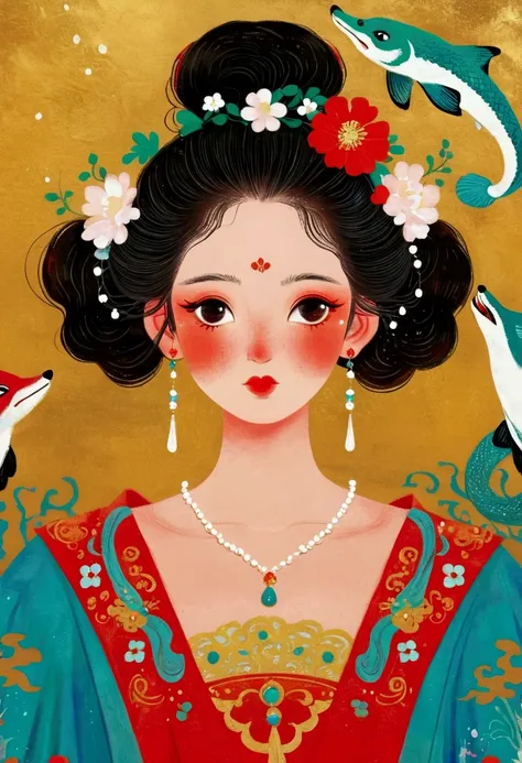 Magazine cover close-up，A lady in a red dress, An extremely detailed painting by Ni Duan, tumblr, Cloisonnism, Korean Art Nouveau Anime, Affable ， Wenjun Lin, Broad View, bian luan, Queen of the Sea Mu Yanling, Chinese Princess, Artworks similar to Sheng L...