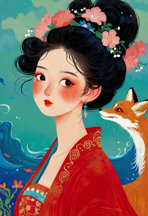 Magazine cover close-up，A lady in a red dress, An extremely detailed painting by Ni Duan, tumblr, Cloisonnism, Korean Art Nouveau Anime, Affable ， Wenjun Lin, Broad View, bian luan, Queen of the Sea Mu Yanling, Chinese Princess, Artworks similar to Sheng L...