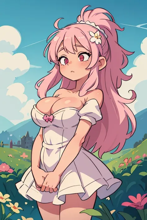 ((best quality, masterpiece)), 
1girl, princess pink dress, flowers, white messy hair,  outdoor, clouds on background,fantasy, medieval, castle on background
hentai, big tits, nude tits