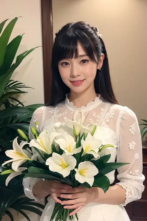 Medium Size Display, Medium Shot, Written boundary depth, bust, Upper Body, Movie angle, masterpiece, Highest quality, Very detailed, CG, 8k wallpaper, Beautiful Face, Delicate eyes, Otome, alone, smile, bangs, skirt, Formal blouse, Bouquet of lilies