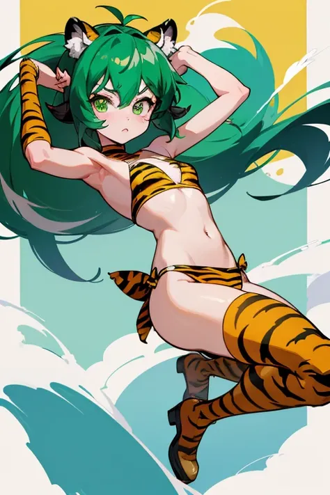 Ram、Urusei Yatsura、アグネス・Ram、(bikini tiger print).small corner、Eyeshadow Green、Tiger print bikini、(It has small yellow horns on its head).Long Hair、No tiger ears needed、((Both arms、Tiger Print Arm Covers)).(Tiger print boots)、、Droopy eyes、(8k)..(Green Eyes)...